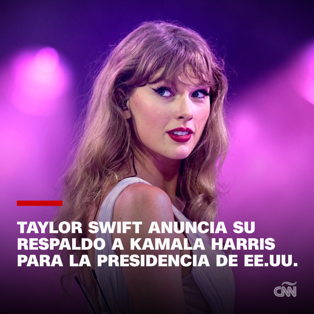 CNNEE's tweet photo. Taylor Swift dijo que respalda a la vicepresidenta Kamala Harris en la carrera por la presidencia de EE.UU., poniendo fin a las especulaciones sobre si la cantante compartiría sus opiniones políticas antes de las elecciones de noviembre.

🔗: https://t.co/RzkZpAyHKc https://t.co/yW0lZFfbDZ