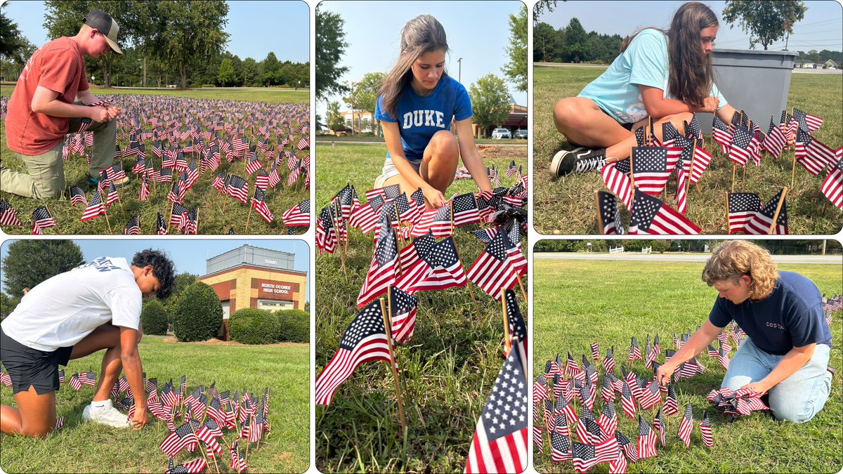 North Oconee students continued their longstanding tradition of placing 2,977 American flags in honor of the Sept. 11 victims. Four additional flags were placed this year in honor of the Apalachee students and teachers who lost their lives last week. #NeverForget #OconeeFamily