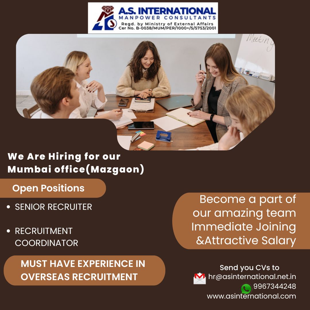 AsianServices3's tweet photo. Job Opportunity in #mumbai
Join our head office in Mumbai.
Interested candidates can send their updated cv at recruiter1@asinternational.net.in or can directly contact on 090290 86894
#MumbaiJobs #hiringnow #mumbai #SeniorRecruiter #recruitmentcoordinator #recruitment https://t.co/Rr9YDrCYdD