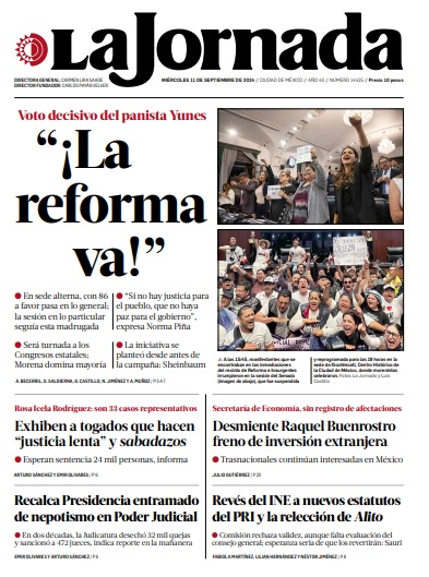 LaJornada's tweet photo. Hoy en la portada de @LaJornada

-"¡Lareforma va!"
-Exhiben a togados que hacen "#justicia lenta" y 'sabadazos'
-Recalca Presidencia entramado de nepotismo en #PoderJudicial

https://t.co/qMdpa8Bh4M https://t.co/6PioD4xGS9