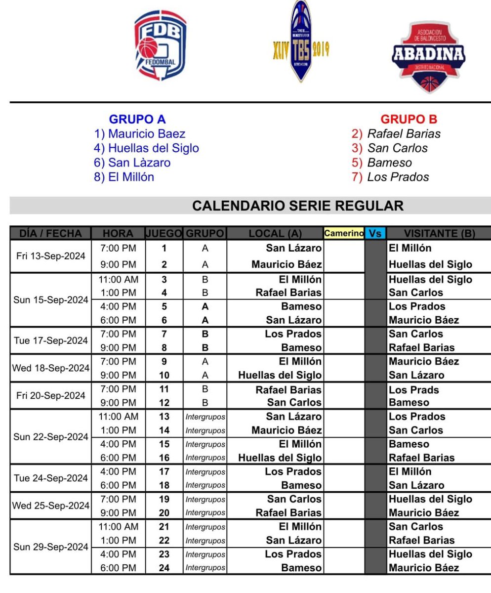 DCarlenny's tweet photo. Epaaaa!!!.
Faltan 2 días para el baloncesto de la capital. Aquí te dejo el calendario de los juegos. 

Viernes 13:
7:00: San Lázaro vs El Millón.
9:00: Mauricio Báez vs Huellas del Siglo.
Corre la voz!!!.

#ImpactoDeportivoRadioTvYDigital https://t.co/6M3WMFKdQr