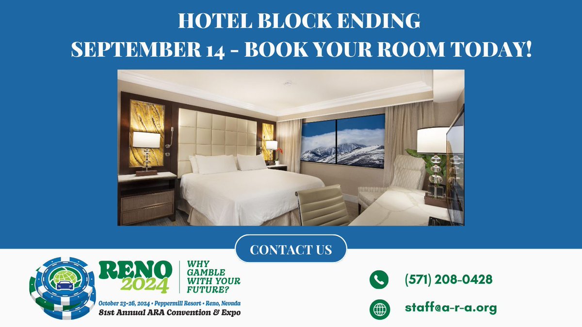 📢 REMINDER 📢 Our hotel room block ends THIS SATURDAY! Need to know how to book your room? 
1. Use this link to book your room online: buff.ly/3MgwT9j
2. To book over the phone, contact the Peppermill Resort &amp; Casino at (800) 648-6992