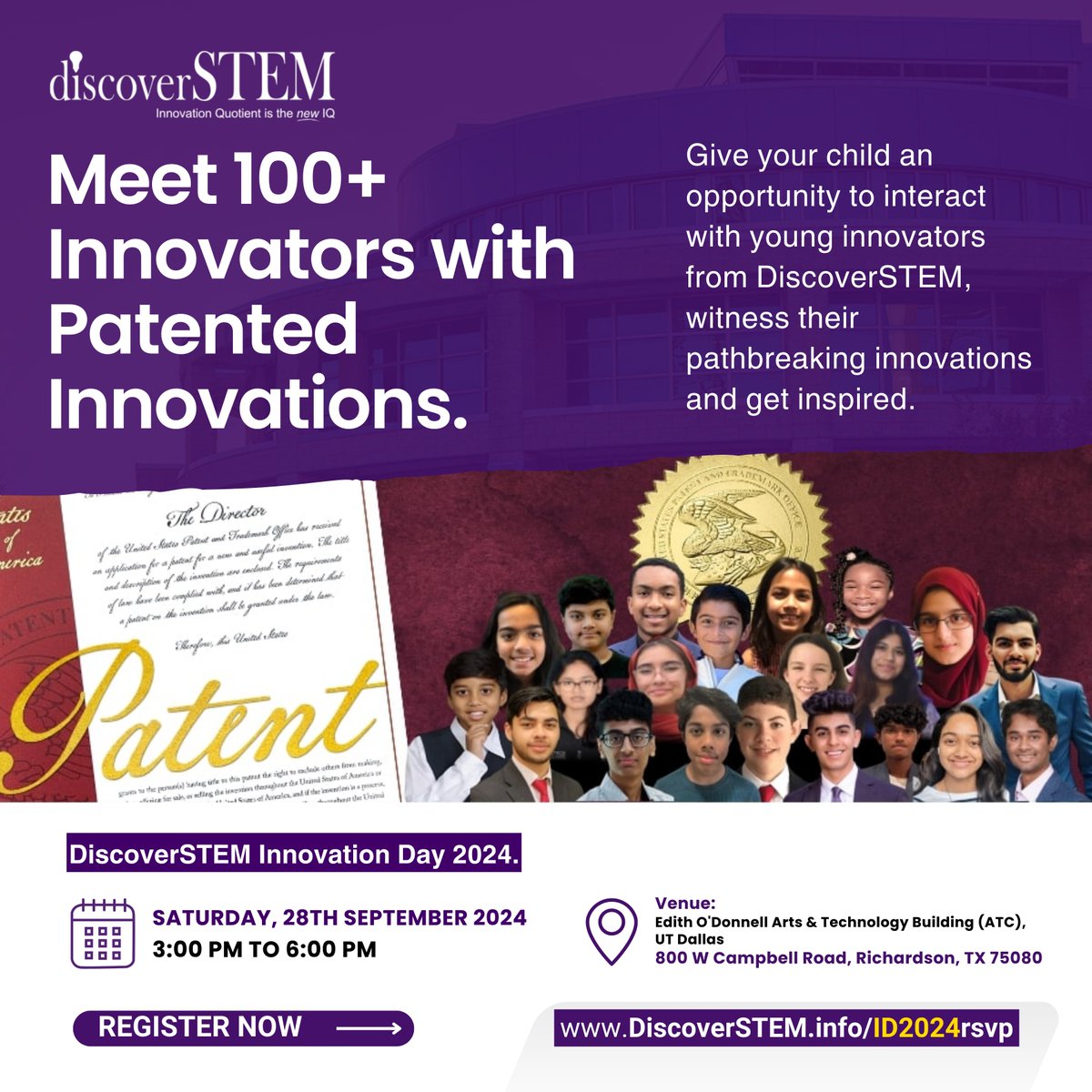 ✨ Spark your child's imagination! ✨ 

📅 Save the date! DiscoverSTEM Innovation Day 2024 is happening on Saturday, September 28th, at UT Dallas! 

🔗 Register here: discoverstem.info/ID2024rsvp

#wednesdayfeelings #Wednesday #STEM #education