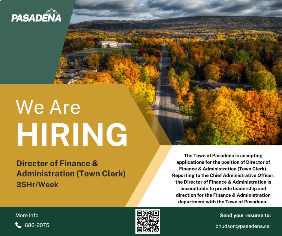 NOW HIRING:  DIRECTOR OF FINANCE AND ADMINISTRATION 

The Town of Pasadena is accepting applications for the position of Director of Finance &amp; Administration.

For more information: pasadena.ca/2024/09/11/now…