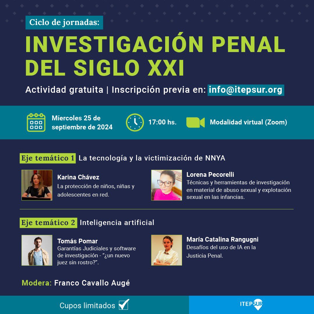 ItepSur's tweet photo. Desde ITEPSur los invitamos al primer encuentro del ciclo de jornadas "Investigación Penal del Siglo XXI" que se llevará a cabo el día miércoles 25/09/2024 a las 17 hs (modalidad virtual). https://t.co/ID9Ihxvkg9