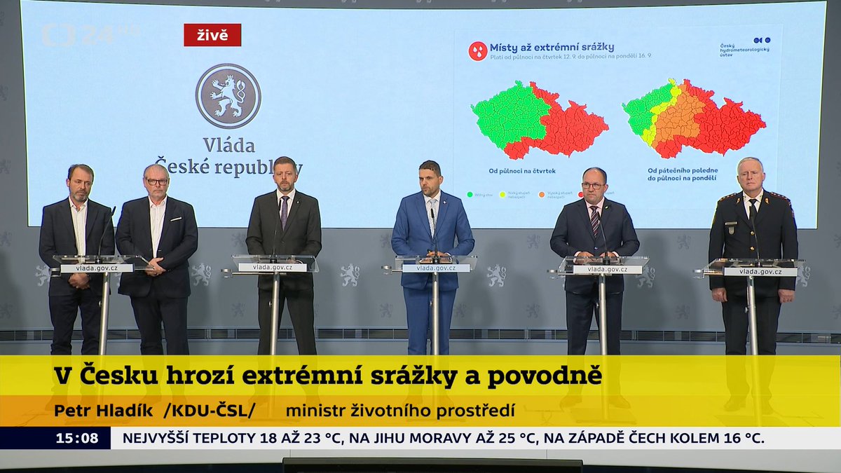 Vláda: čeká nás pravděpodobně situace srovnatelná s povodněmi 1997 a 2002.
V pátek se navíc přidá vítr o rychlosti 100 km/h a vichr může vyvracet podmáčené stromy.