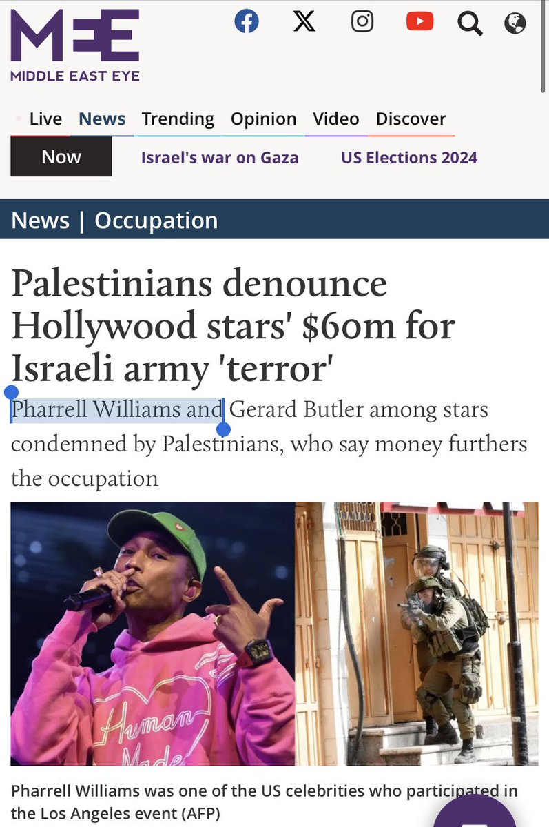 pharrell is not someone who just expressed his beliefs in the zionist ideology.pharrell williams has raised $60 million USD for the IOF to kill palestinian babies. SIXTY MILLION for the army that kills, rapes, tortures palestinians and commits a genocide and is open about it.