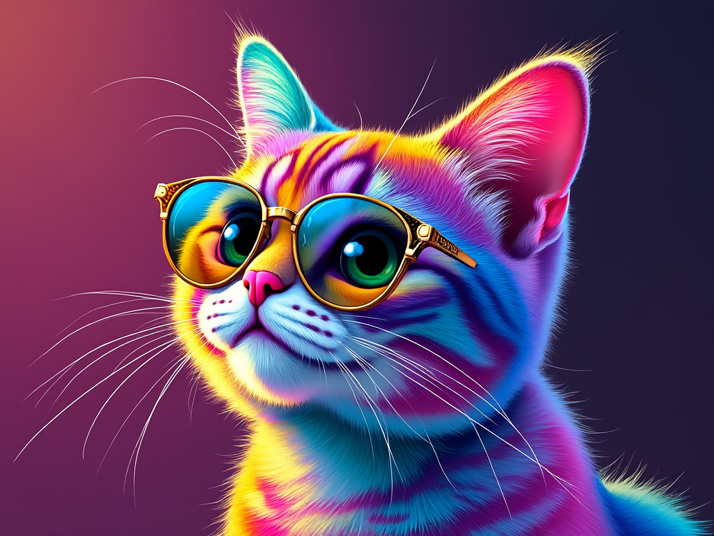 Zwoops21's tweet photo. A vibrant, colorful image of a cat wearing round sunglasses. The cat's fur is a rainbow of colors, and its eyes are sparkling. 
#cat #cutecat #colorfulcat #rainbowcat #sunglasses #catlover #meow #kitten #adorable #pet #animal #art #digitalart #illustration #colorful #vibrant #happy