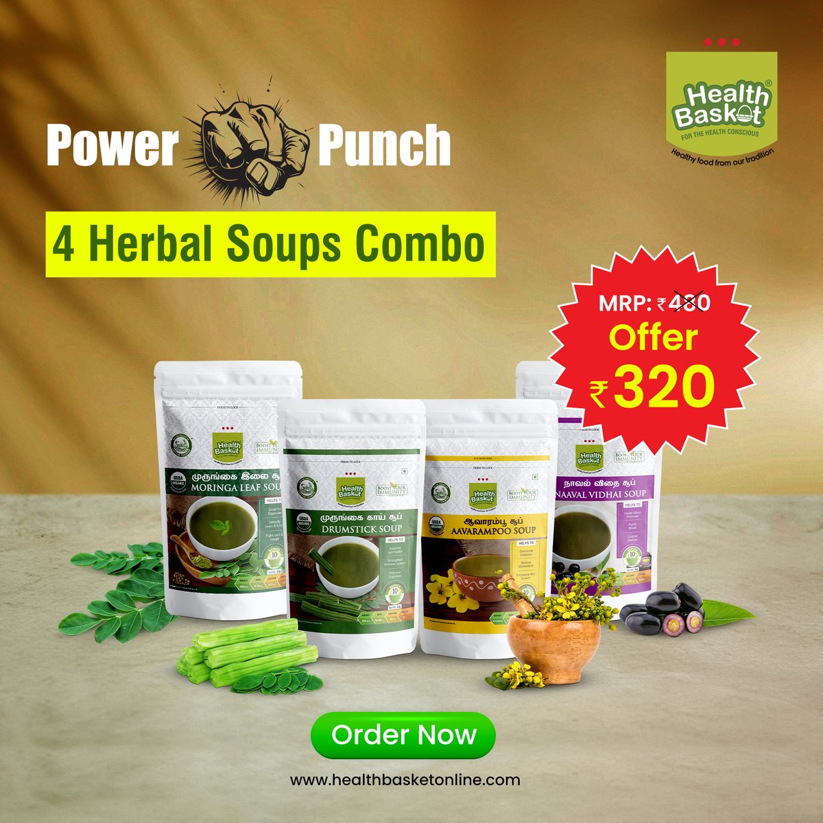 HealthBasketIND's tweet image. Get ready to whirl up your wellness with our Power Punch 4 Herbal Soups Combo!

FLAT 33% OFF: Grab this health basket for just ₹320 (MRP ₹480)!

ENJOY 4 wholesome Power Punch soups – Talk about a soup-erhero for your health!

#Healthbasket #herbalsoup #soup #healthylife