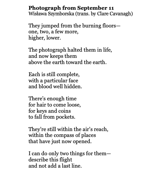 MayaCPopa's tweet photo. Please read this Szymborska poem about 9/11 today: https://t.co/mAgjOJeWis