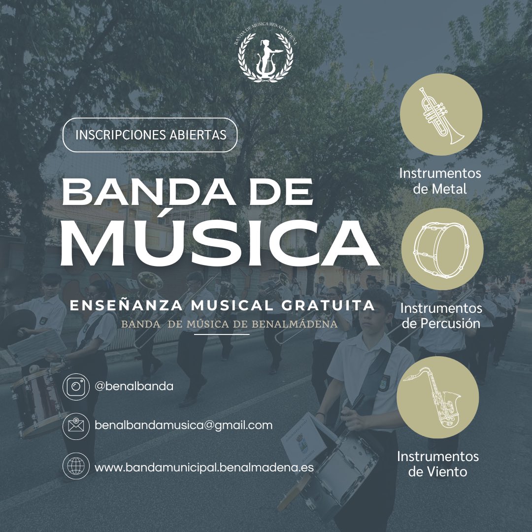 ¡𝐼𝑁𝑆𝐶𝑅𝐼𝑃𝐶𝐼𝑂𝑁𝐸𝑆 𝐴𝐵𝐼𝐸𝑅𝑇𝐴𝑆! 🔊

Únete a la familia de <a href="/benalbanda/">B.M. Benalmádena</a> y aprovecha esta oportunidad único de introducirte en el mundo de la música de la mano de grandes profesionales y un ambiente inigualable 👨‍👩‍👧‍👦

¡La música te espera! 💙

#benalbanda #musica