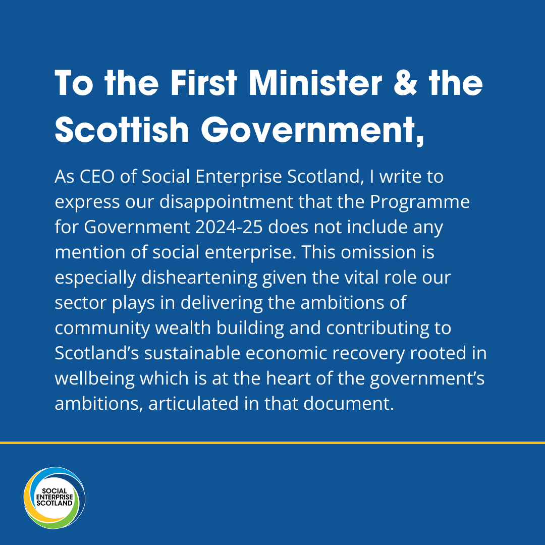 SocEntScot's tweet photo. 📢 Following the launch of the Programme for Government 2024-25, we are disappointed by the omission of social enterprise. Our sector is key to community wealth building, tackling inequality, &amp; sustainable economic growth.

📄 Read our full open letter: https://t.co/3EbMzOOeic https://t.co/TYGvh8edlo