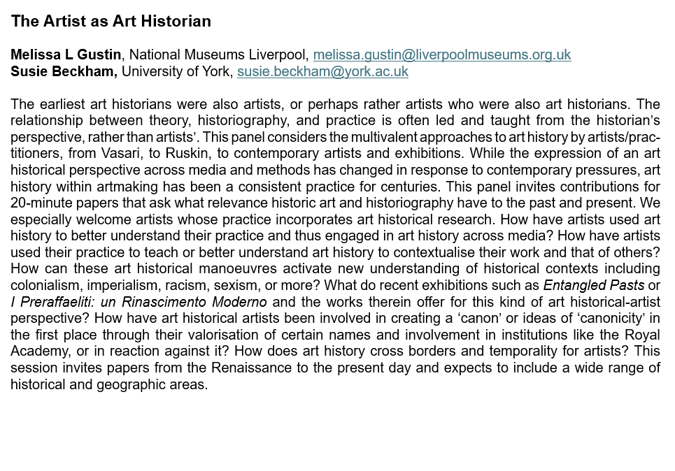Do you or someone you love think about artists doing art history as part of their practice? Do you want to give a 20-minute paper to a crowd of fellow meta art history nerds? Then submit to this panel with me and <a href="/SusieBecks/">Dr Susie Beckham</a> at <a href="/forarthistory/">Association for Art History</a>! forarthistory.org.uk/conference/202…