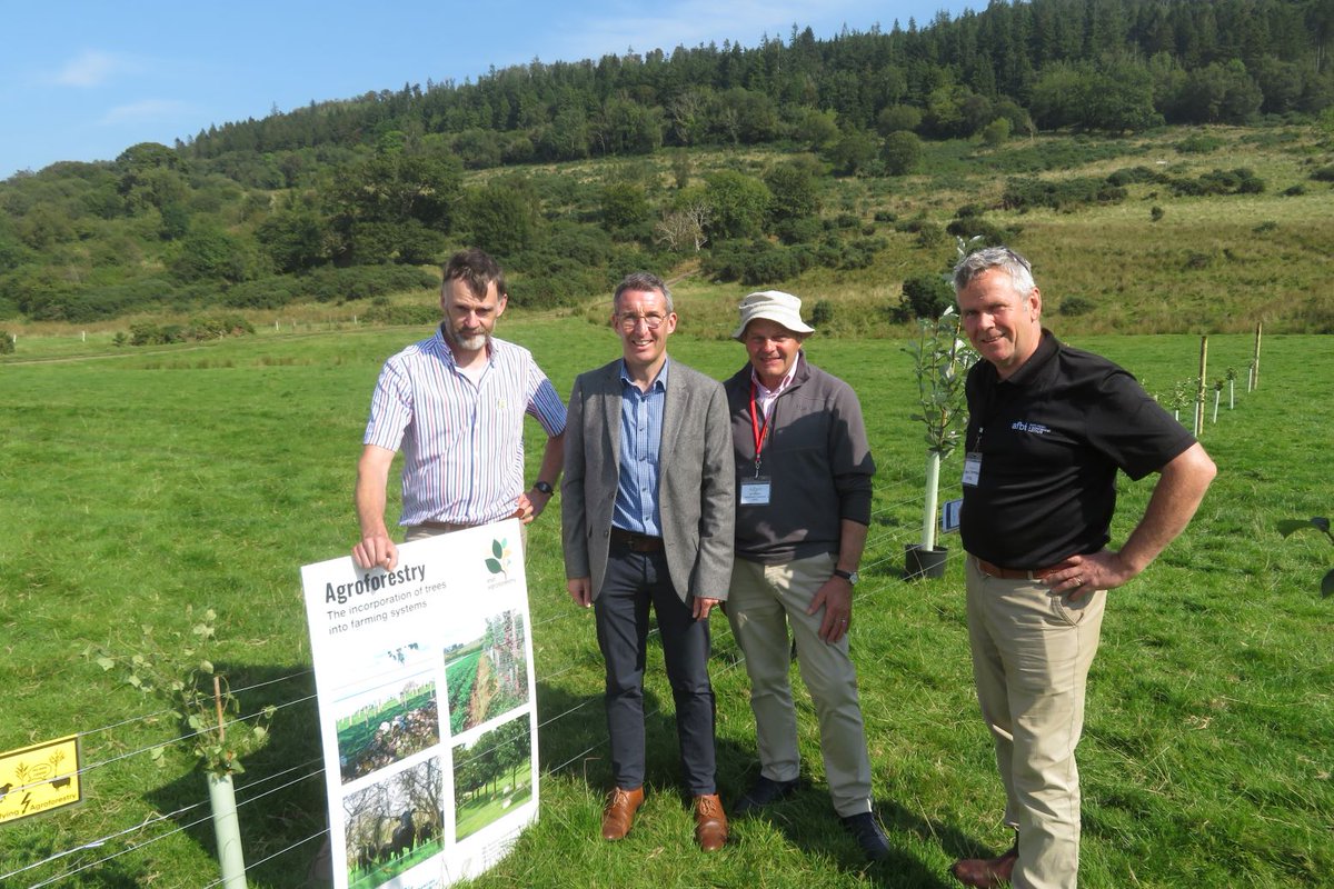 AgroforestForum's tweet photo. Great interest in Agroforestry @ Fields Good on Sat. AF walk led by IAF Director Prof Jim McAdam, IAF member Fred Farrelly demonstrated innovative design - electric fencing protection for trees. Special visit from Andrew Muir, MLA Minister of Agriculture, Env and Rural Affairs NI https://t.co/LR9Uf28GWE