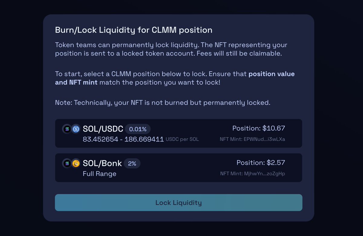 NEW: @RaydiumProtocol INTRODUCES "BURN &amp; EARN" FOR TOKEN TEAMS - "THIS NEW FEATURE ALLOWS TEAMS TO BOOST TRUST BY PERMANENTLY LOCKING CLMM LIQUIDITY WHILE TRADING FEES EARNED BY THE POSITION REMAIN FULLY CLAIMABLE"