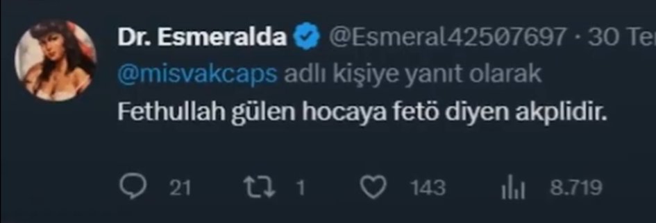 Dr. Esmeralda

· Hesap adı: Dr. Esmeralda
· Yöneticisi: Firari FETÖ’cü Ümit Seyhan
· Kapak resmi olarak Atatürk imzası kullanıyor, CHP'lilerin ve Kemalistlerin özellikle takip ettiği ve sürekli paylaşımlarına destek verdiği bu hesap da kadın gibi davransa da yöneticisi erkek.