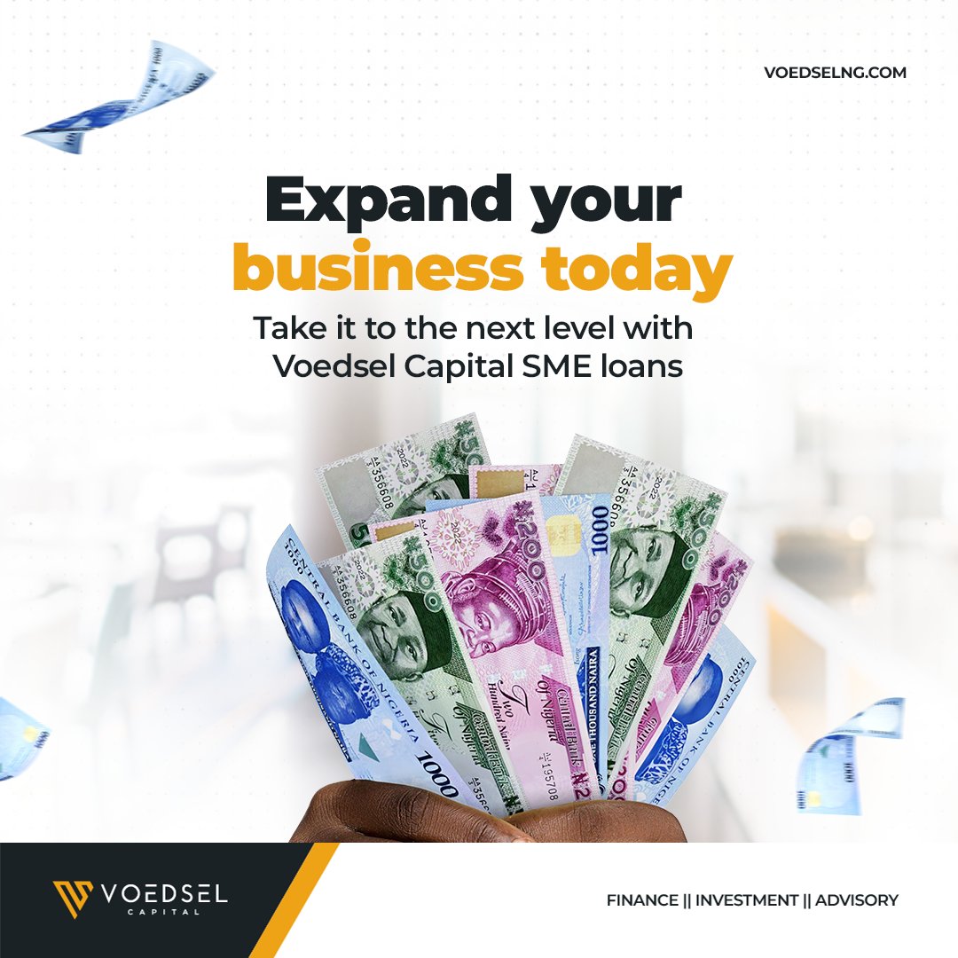 VoedselCapital's tweet photo. Dream big, grow bigger. Voedsel Capital's SME loans are here to support your business growth.

Apply now to get started!

For more enquiries;
Visit our website at https://t.co/3B22BVGBnf
Call: 0706 537 0725 - 0813 956 2678.
#Bitcoin #StockMarket https://t.co/yA4kiRrE4T