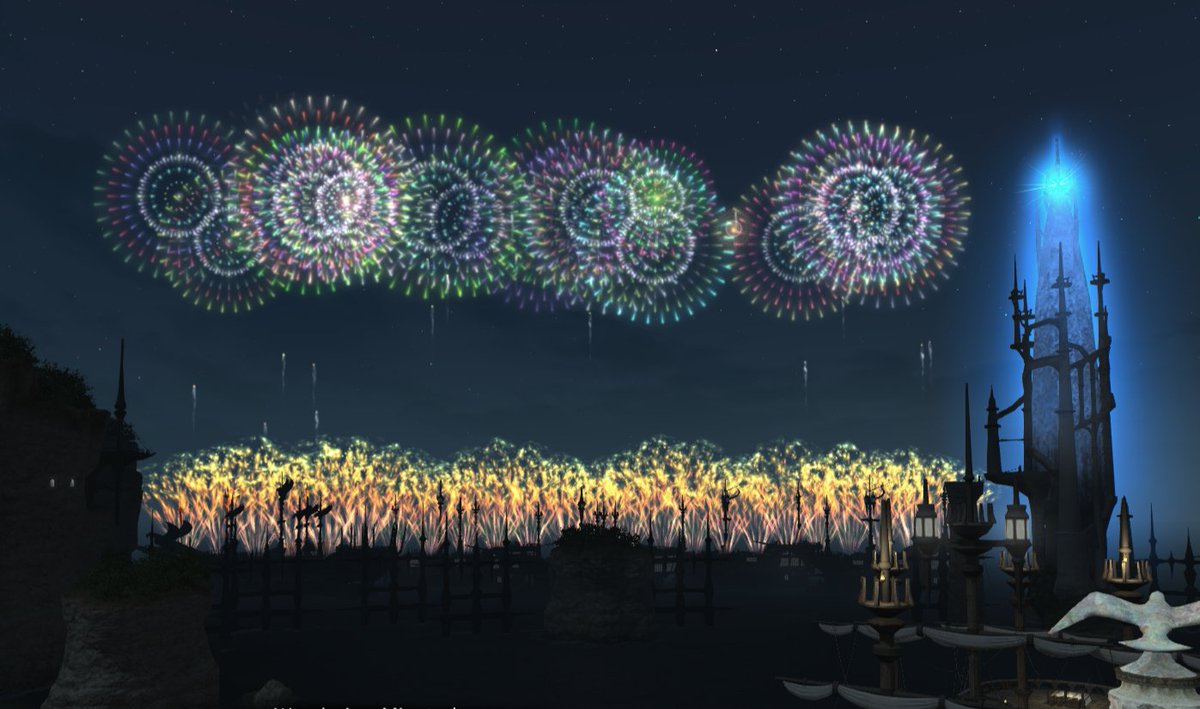 FieurePlays's tweet photo. The Rising event definitely felt like a callback to the fireworks show they did last year in Tokyo Bay, wish I could see the real thing again ❤❤❤ #ffxiv #ff14 https://t.co/5hUbClYh4d