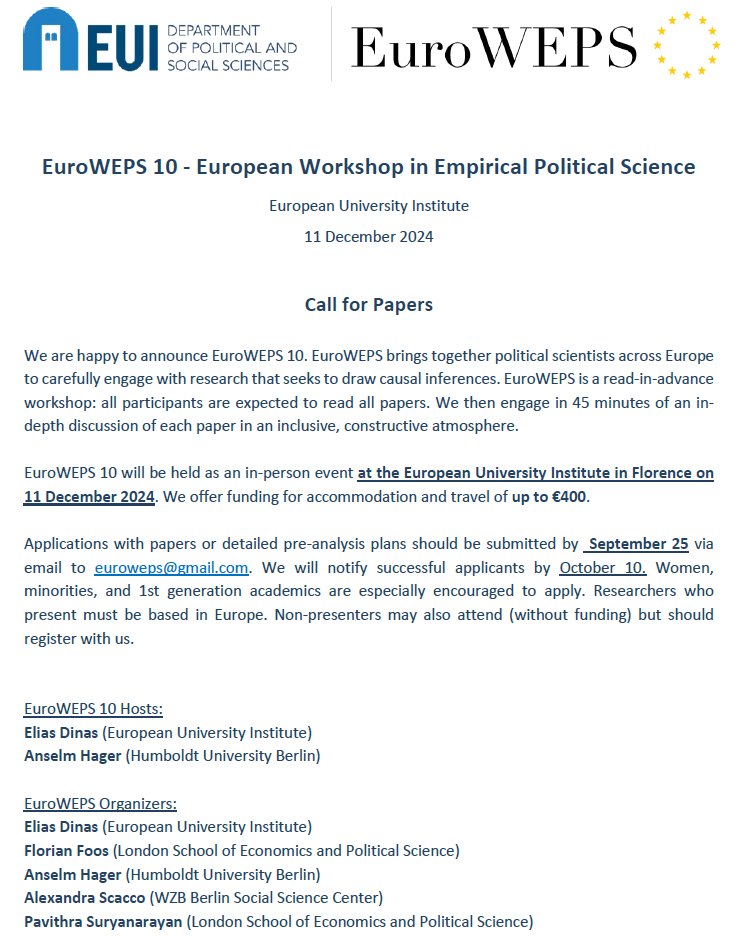 🚨 Call for Papers 🚨

Join #SPSProfessor <a href="/EliasDinas/">Elias Dinas</a> and Prof. <a href="/anselmhager/">Anselm Hager</a> (<a href="/HumboldtUni/">Humboldt-Universität zu Berlin</a>) for the 10th edition of #EuroWEPS this December 2024 at the <a href="/EUI_EU/">European University Institute</a>! 🇪🇺

📅 Deadline to apply: 25 September⤵️