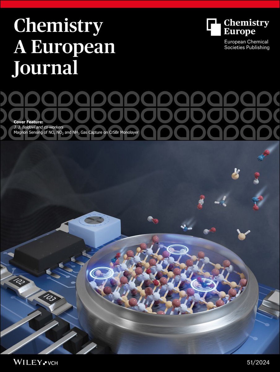 jjbaldovi's tweet photo. Our latest #OpenAccess & #HotPaper🔥 work on magnon sensing of NO, NO2 and NH3 gas capture on CrSBr has been highlighted by @ChemEurJ !! 🧲💨
Congratulations to @gonzalo_rivero_ and Andrey🙌 and kudos to @laura_canil for the beautiful #ArtWork!👩🏻🎨👏👏👏 @ICMol_UV @ERC_Research https://t.co/LTs4EvBSiK