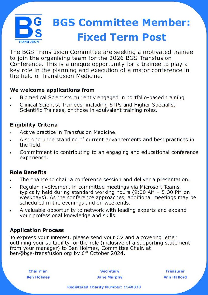 Are you a trainee specialising in Transfusion?

Are you looking for a unique opportunity?

The BGS Committee are seeking a motivated trainee to join the organising team for the 2026 BGS Transfusion Conference.

Check out the advert for more info!

Share with your Colleagues