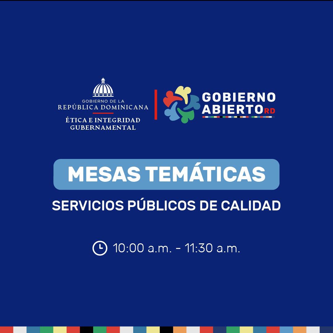 ¡Únete a la co-creación del #VIPlandeAcción para el #GobiernoAbierto 2024-2028 en República Dominicana! 🇩🇴

Participa hoy en la mesa temática "Servicios Públicos de Calidad".

Accede aquí 👉 acortar.link/hSwtUU

#Transparencia
#ParticipaciónCiudadana
#DIGEIG