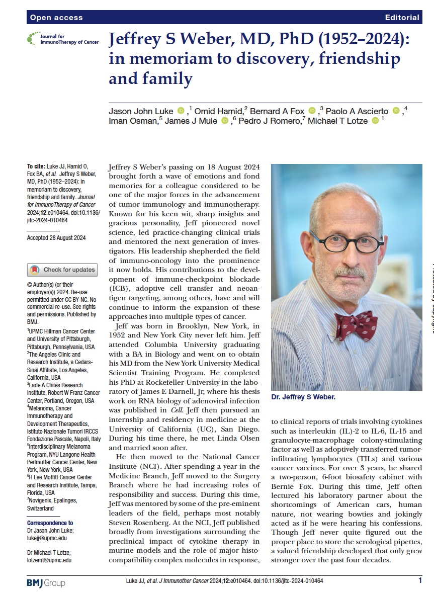 Omid Hamid MD (@omidhamidmd) on Twitter photo Jeffrey S Weber's life is a testament to mentorship, patient care, sacrifice, leadership. Thank you <a href="/jitcancer/">Journal for ImmunoTherapy of Cancer</a> for allowing us to share a glimpse of this giant.
jitc.bmj.com/content/12/9/e…
<a href="/jasonlukemd/">Jason Luke, MD, FACP</a> <a href="/BernardAFox/">Bernard A Fox</a> <a href="/MoffittNews/">Moffitt Cancer Center</a> <a href="/uscnorris/">USC Norris Comprehensive Cancer Center</a> <a href="/nyulangone/">NYU Langone Health</a> <a href="/theNCI/">National Cancer Institute</a> <a href="/ASCO/">ASCO</a> <a href="/CureMelanoma/">Melanoma Research Foundation</a> Jeffrey S Weber's life is a testament to mentorship, patient care, sacrifice, leadership. Thank you <a href="/jitcancer/">Journal for ImmunoTherapy of Cancer</a> for allowing us to share a glimpse of this giant.
jitc.bmj.com/content/12/9/e…
<a href="/jasonlukemd/">Jason Luke, MD, FACP</a> <a href="/BernardAFox/">Bernard A Fox</a> <a href="/MoffittNews/">Moffitt Cancer Center</a> <a href="/uscnorris/">USC Norris Comprehensive Cancer Center</a> <a href="/nyulangone/">NYU Langone Health</a> <a href="/theNCI/">National Cancer Institute</a> <a href="/ASCO/">ASCO</a> <a href="/CureMelanoma/">Melanoma Research Foundation</a>