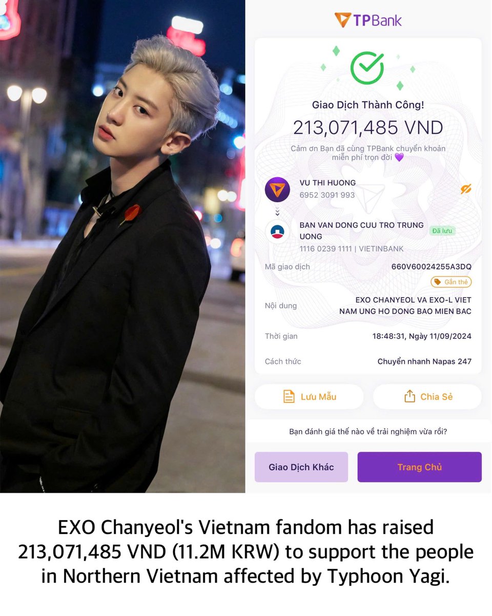YeolBest_VN's tweet photo. 🇻🇳 #EXO #Chanyeol's Vietnam fandom has raised 213,071,485 VND (11.2M KRW) within 2 days to support the people in Northern Vietnam affected by #TyphoonYagi 💪🏻❤️

Yêu Tổ Quốc, Yêu Đồng Bào.
Kiếp sau vẫn là người Việt Nam 🇻🇳 https://t.co/W5Ooj8qS4Z