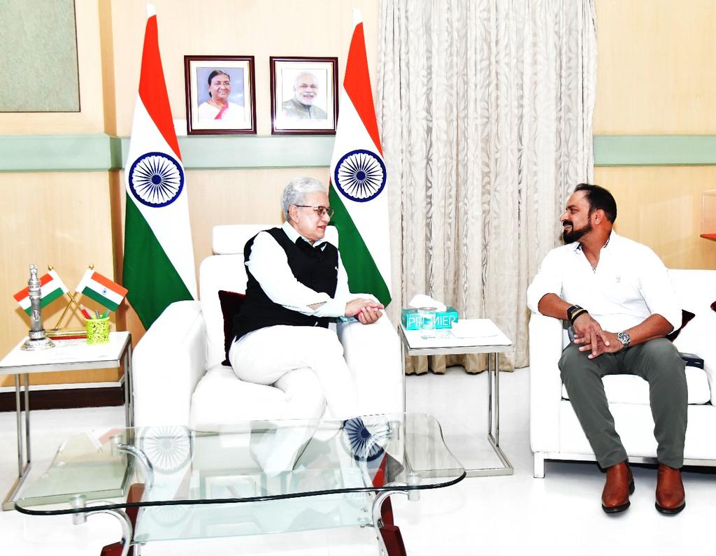 Sri T. Dilip, Fielding Coach of Indian Cricket Team , paid a courtesy visit to the Hon'ble Governor of Telangana Sri Jishnu Dev Varma at Raj Bhavan,Hyderabad.
