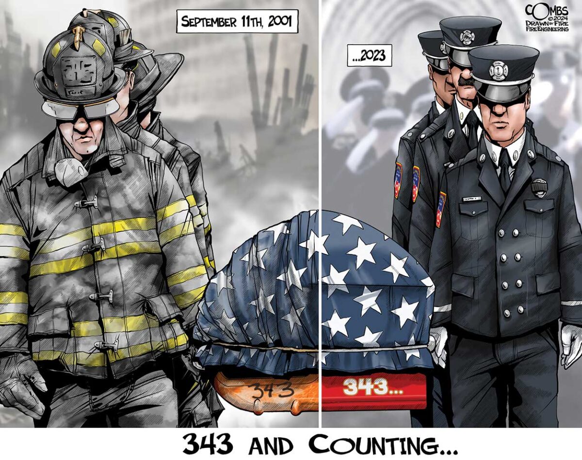 JohnSpaulding's tweet photo. From #artstudio7 #paulcombs. The number of fatalities continues to grow, and not just firefighters, but EMS, LEO, citizens, construction workers and others. 
We said we would never forget, but the world has lost its cohesiveness since 9/12. https://t.co/dWoMMJXSBE