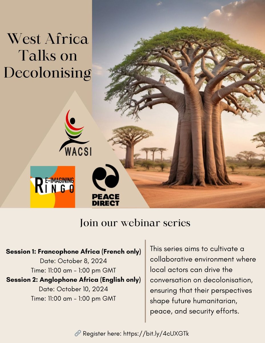 West Africa Civil Society Institute (WACSI) (@wacsi) on Twitter photo Excited to announce the “West Africa Talks on Decolonising” webinar series hosted by WACSI
<a href="/peacedirect/">Peace Direct</a> and <a href="/TheRingoProject/">The RINGO Project</a>!
Francophone Africa: Oct 8, 2024 Anglophone Africa: Oct 10, 2024
Register now:bit.ly/4cUXGTk #Decolonisation #GlobalSouth #WestAfrica Excited to announce the “West Africa Talks on Decolonising” webinar series hosted by WACSI
<a href="/peacedirect/">Peace Direct</a> and <a href="/TheRingoProject/">The RINGO Project</a>!
Francophone Africa: Oct 8, 2024 Anglophone Africa: Oct 10, 2024
Register now:bit.ly/4cUXGTk #Decolonisation #GlobalSouth #WestAfrica