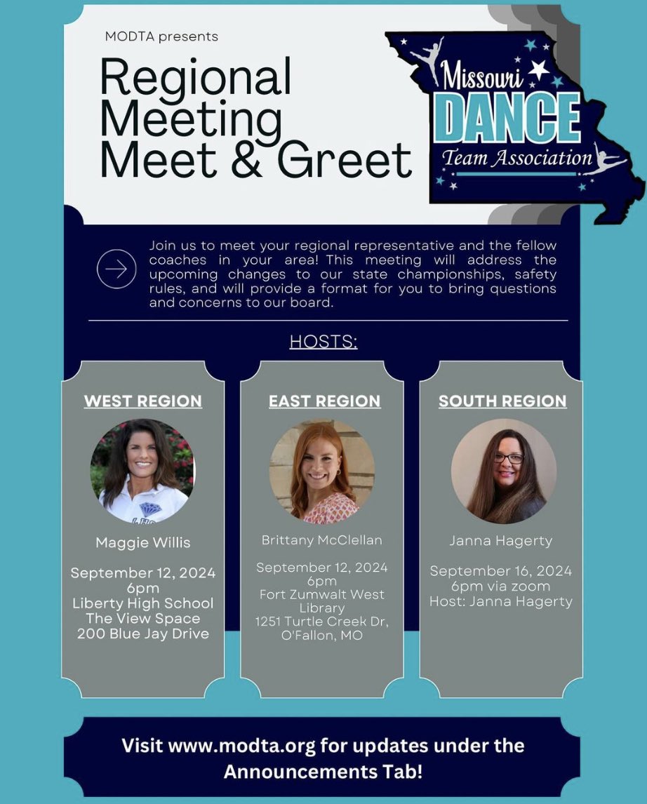 Missouri Dance Team Regional Coaches’ Meeting is this Thursday, September 12 at 6:00 PM at Liberty High School. Contact Maggie Willis for specific details.