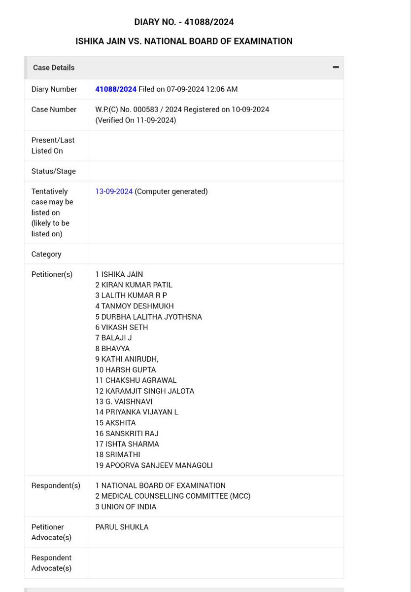 postpone_neetug's tweet photo. Breaking⚠️
Petition filed in Hon'ble Supreme Court of India of "Dr. Ishika Jain vs. National Board of Examination" (For the transparency of NEET PG 2024) will going to be heard on 13th September, Friday.

Be connected for all updates
Satyamev Jayate🙏

#MedTwitter #NEET #NEETPG https://t.co/fmPwovGDFq