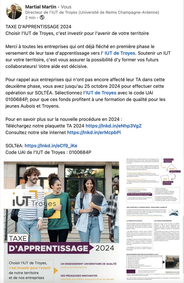 martialymartin's tweet photo. Merci aux entreprises troyennes et auboises qui ont versé leur #TA @IutTroyes! Dans la nouvelle phase #SOLTEA vous pouvez encore flécher votre TA vers une formation qui œuvre pour les jeunes de votre territoire grâce au code UAI 0100684P jusqu'au 25/10 https://t.co/YdYwJgiN9K https://t.co/VzpNHcW175