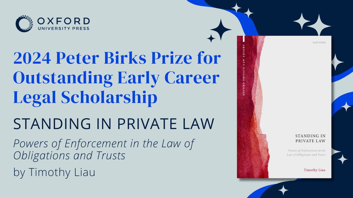 OUP Law (@ouplaw) on Twitter photo We are thrilled to announce that <a href="/TimLiau/">Timothy Liau</a> has won the 2024 Peter Birks Prize for Outstanding Early Career Legal Scholarship for his book “Standing in Private Law”. Congratulations! 🏆
Read more: oxford.ly/3MFBF04 We are thrilled to announce that <a href="/TimLiau/">Timothy Liau</a> has won the 2024 Peter Birks Prize for Outstanding Early Career Legal Scholarship for his book “Standing in Private Law”. Congratulations! 🏆
Read more: oxford.ly/3MFBF04