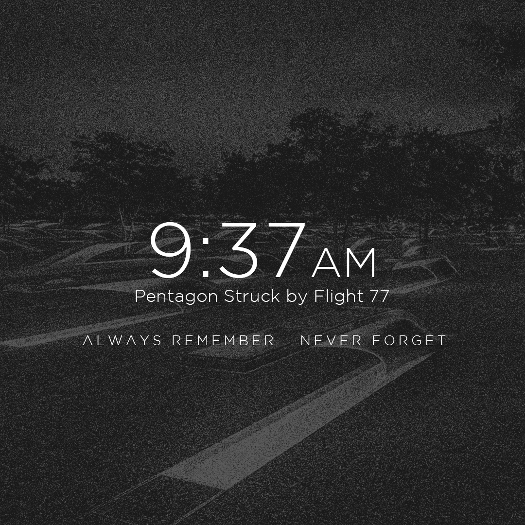 NineLineApparel's tweet photo. 9:37 am - The Pentagon is struck by American Airlines Flight 77. 59 innocent passengers/crew and 125 Pentagon employees perish.

#flight77 #pentagon #911 #alwaysremember #neverforget https://t.co/tiSSaLnCdm