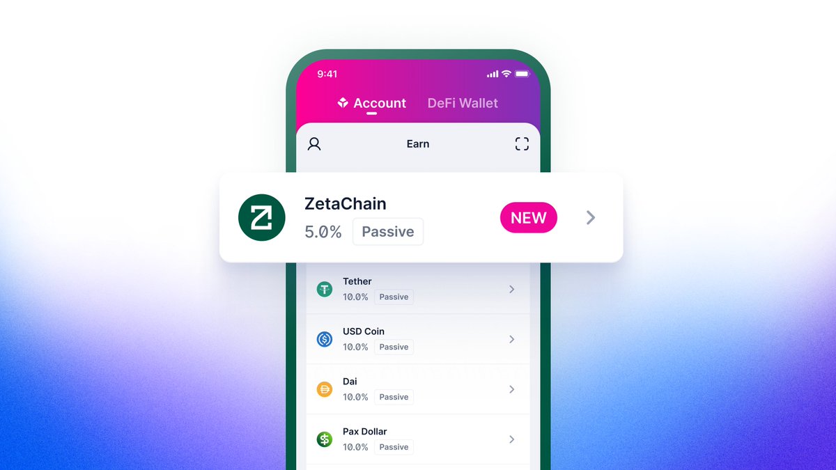 blockchain's tweet photo. Earn while holding $ZETA 🤩

ZetaChain is now part of our Passive Rewards program, offering you a chance to earn up to 5% annually on your $ZETA holdings.

Don't have $ZETA? Buy here 👉  https://t.co/xL2vPGp22U

@zetachain

*Passive Rewards are not available in all countries.