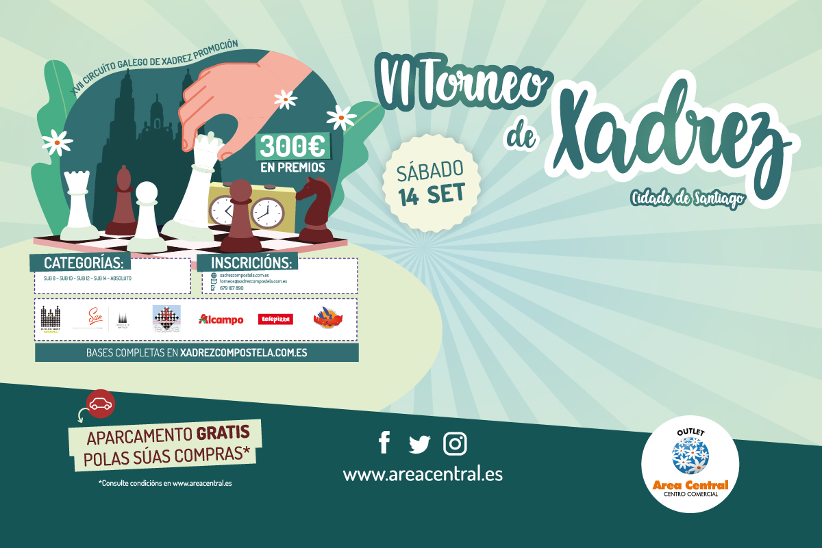 📢 Este sábado, desfruta do xadrez no VI Torneo Cidade de Santiago en Área Central coas categorías SUB 8- SUB 10- SUB 12- SUB 14- ABSOLUTO e organizado pola Escola De Xadrez Compostela ♟️.

Consulta as bases 💻 xadrezcompostela.com.es
⬜⬛⬜Máis info 👉 bit.ly/3ziK7iT