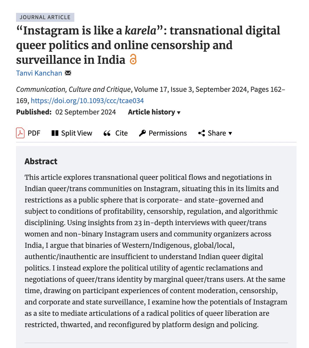 So excited for my first journal pub to be out in the world, &amp; Open Access #OA too! Honoured to be sharing space with some brilliant authors &amp; pieces. Thank you to SI editors <a href="/YenerBayramoglu/">Yener Bayramoğlu</a>, <a href="/LukaszSzulc/">Łukasz Szulc</a> &amp; <a href="/cyberdivalive/">Cyberdivalive</a> for their labour &amp; support!

🔗 doi.org/10.1093/ccc/tc…