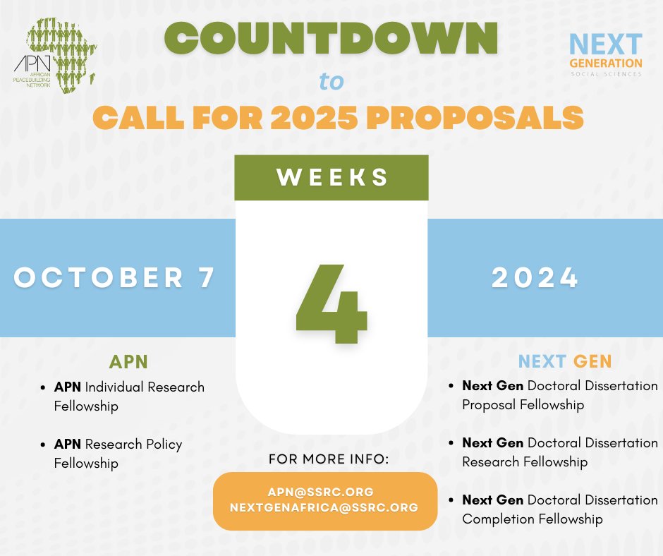 Coming soon! The Call for Applications to our 2025 African Peacebuilding Network (APN) and Next Generation Social Sciences in Africa (Next Gen) fellowship competitions will be launched on October 7th!  

ssrc.org/programs/afric… 
ssrc.org/programs/next-…