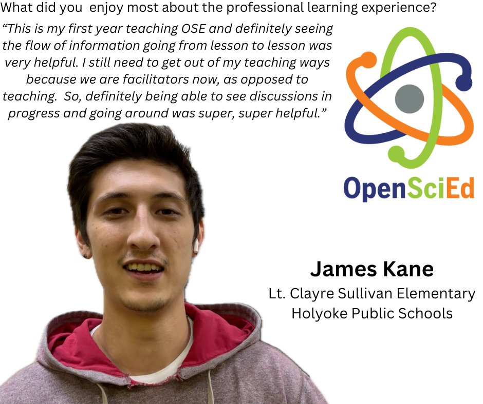 OSEMassCom's tweet image. James from Holyoke spent 2 days with @osemasscom @official_nsta &amp;amp; @one8alhub at professional learning. Do you also want @OpenSciEd focused professional learning? Register for Community Day on Oct 9 in Norwood: one8appliedlearninghub.org/events/ose-fal… We cannot wait to see you there!
#OpenSciEd