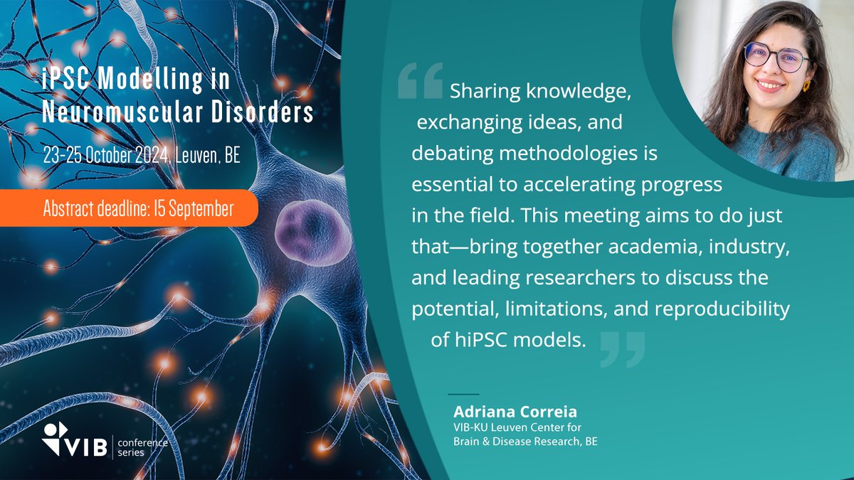 VIB Training & Conferences (@vibtrainconf) on Twitter photo đź’ˇiPSC technology is a game changer in neuromuscular disorder research. This technology allows the generation of all the cell types involved in disease directly from patient skin cells. Join #iMND2024 to find out more. 
vibbio.tech/3z4QYwr
🗓️Abstract deadline: 15 Sep 💡iPSC technology is a game changer in neuromuscular disorder research. This technology allows the generation of all the cell types involved in disease directly from patient skin cells. Join #iMND2024 to find out more. 
vibbio.tech/3z4QYwr
🗓️Abstract deadline: 15 Sep