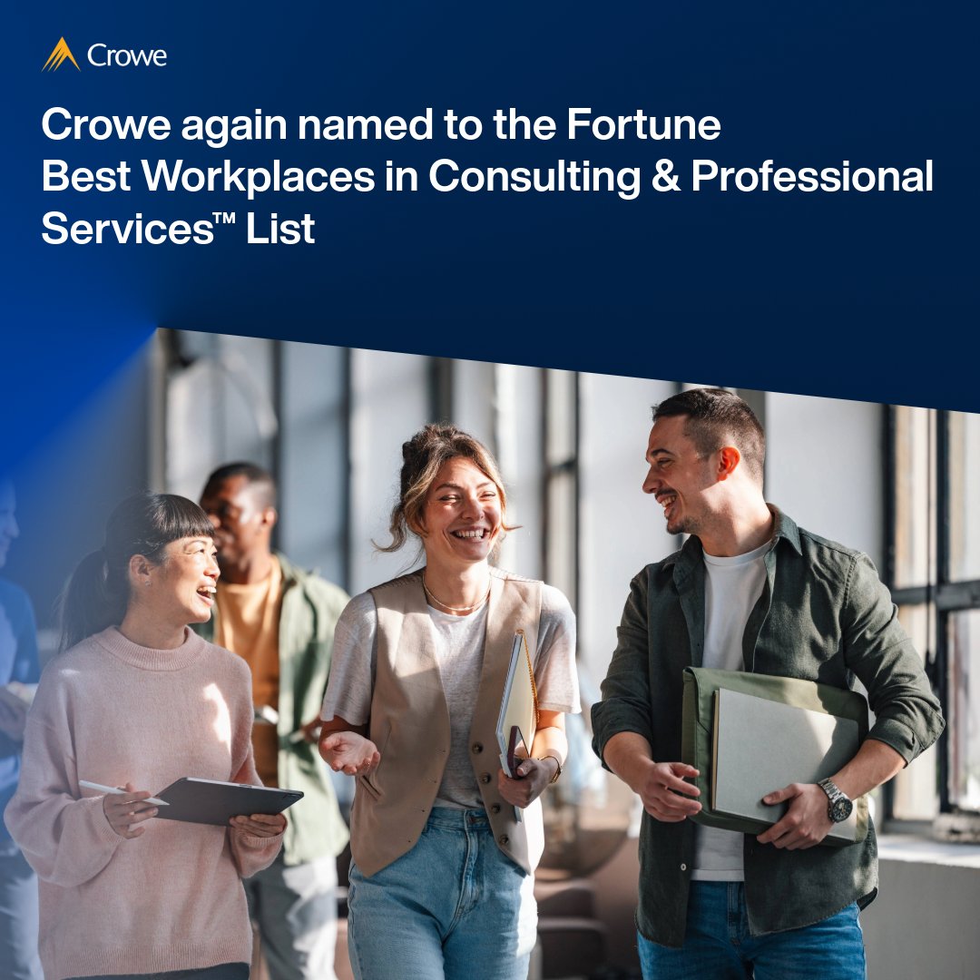 CroweUSA's tweet image. For the 7th time, Crowe is on the @FortuneMagazine Best Workplaces in Consulting &amp;amp; Professional Services™ List! Learn more about what keeps earning us a spot on the list year after year in this #CroweNews release. bit.ly/3Zkpdub  #GoCrowe