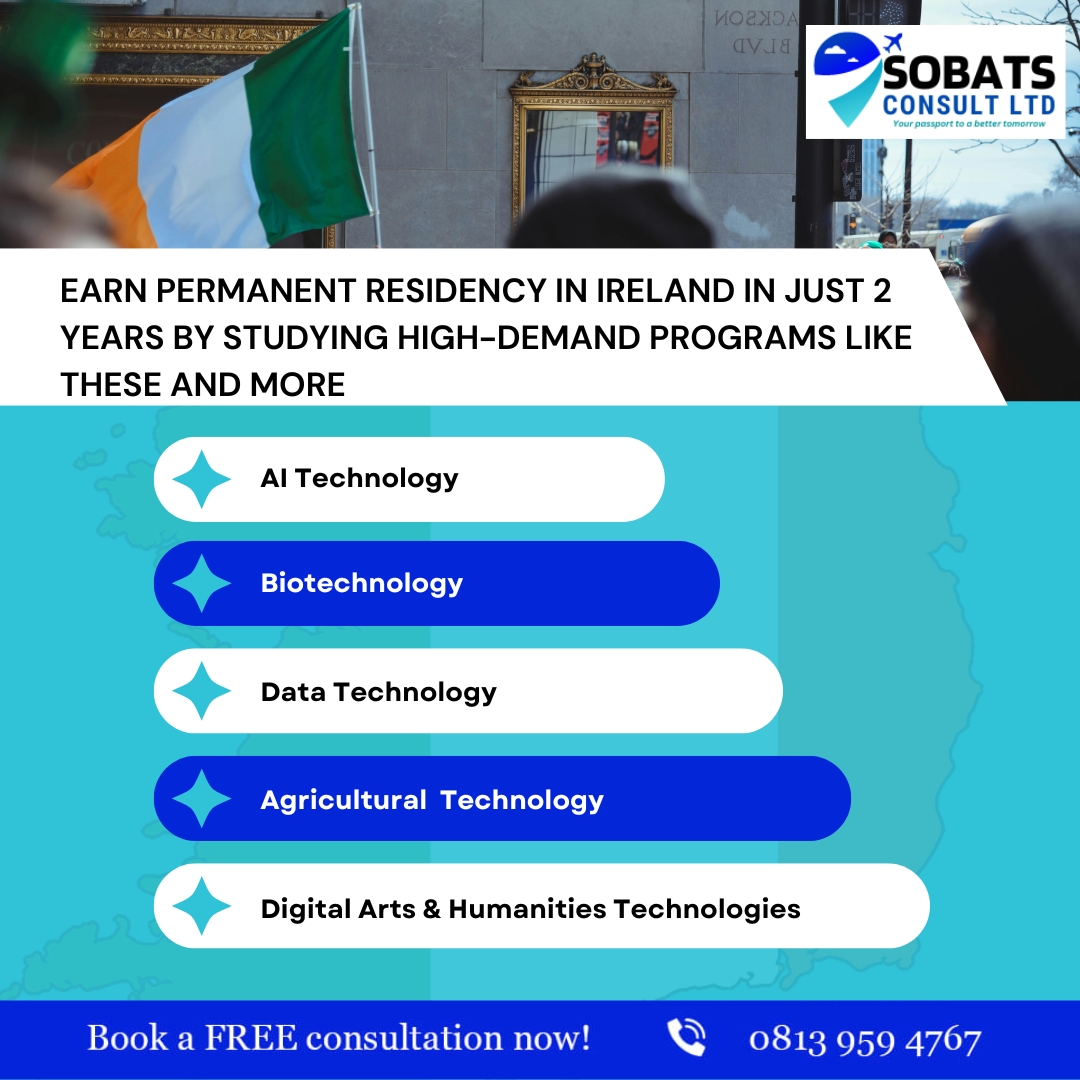 sobatsconsult's tweet image. Earn Permanent Residency in just 2 years by studying high-demand programs that qualify you for the Critical Skills Employment Permit, speeding up your journey to PR! #IrelandPR #CriticalSkillsPermit #STEMPrograms #SobatsConsult