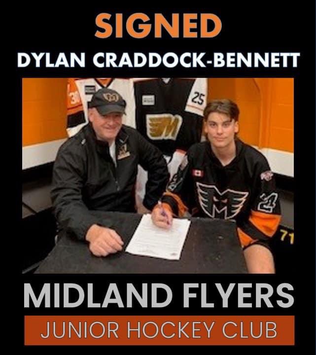 The Midland Flyers have signed Dylan Craddock-Bennett, a speedy forward with lots of heart, from the South Simcoe Storm U18AA team. 
Welcome to the Hanger, Dylan!