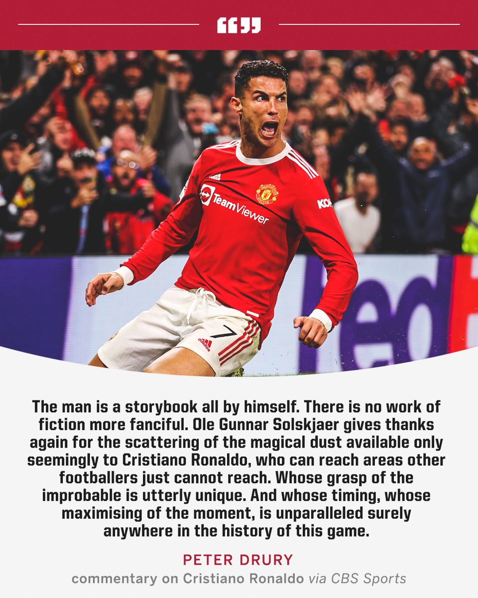 ESPNUK's tweet photo. Three years ago today Cristiano Ronaldo returned to play at Man United. Peter Drury's commentary from that game is still absolutely iconic 🎙️ https://t.co/aDmewCXTPb