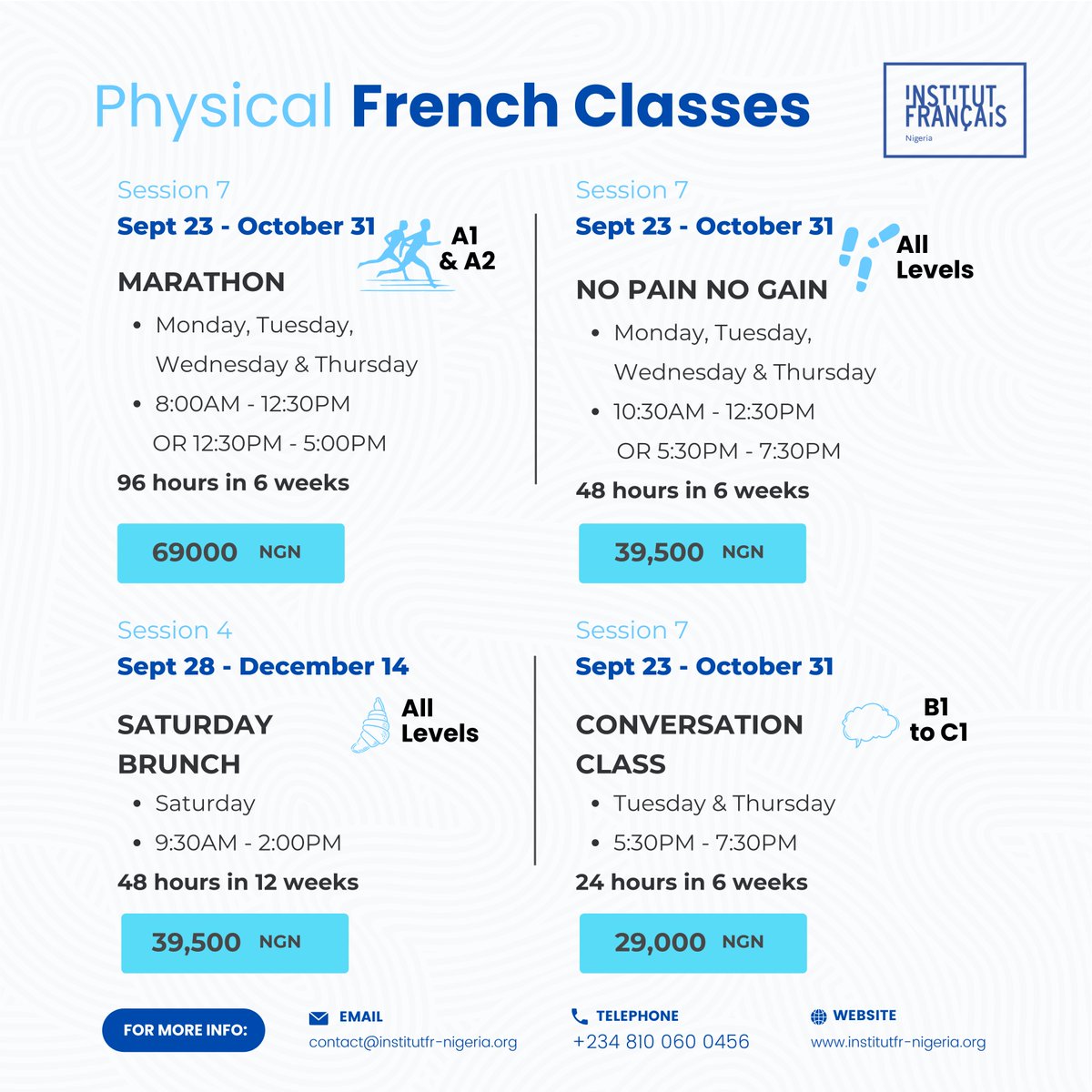 InstitutFrNga's tweet photo. Registration is ongoing for the next session for 2024 Physical French Classes. Hurry & book your spot today !
REGISTER via this link: https://t.co/X9uKsKzsbG
Registration Fee - 5,000
#IFN #ifnigeria #FrenchClasses #PhysicalClass https://t.co/WFyXRhmyZ4