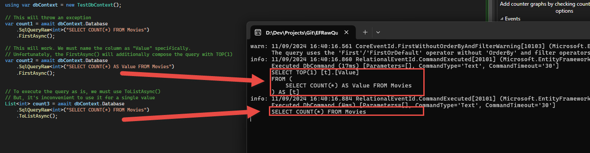 fiseni's tweet image. The EF Core support for scalar values feels a bit off.

To execute the intended SQL query in the original form, you must materialize it with ToList 🫤

#efcore #dotnet
