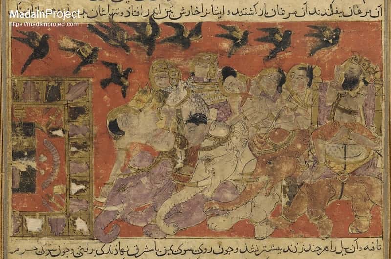 14th-century Persian illustration of Abraha, the Ethiopian viceroy for the Christian empire of Axum who ruled the Himyarite Kingdom of Yemen and much of the Arabian Peninsula in the 6th century, on his attempted destruction of the Kaaba, taken from a "Tarikhnama" (history book)