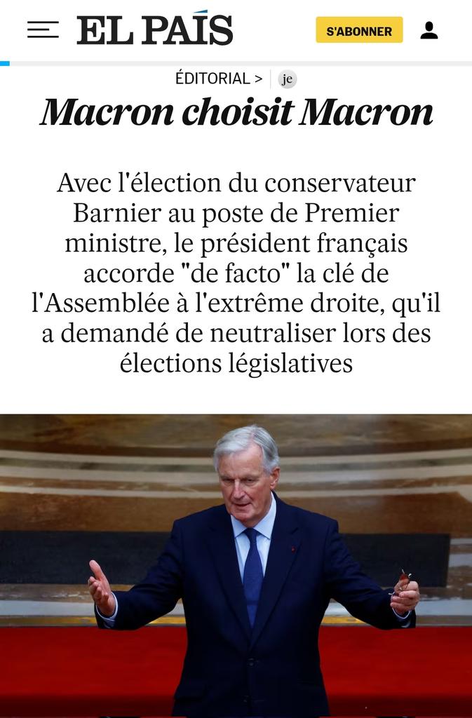ManuThatcher_'s tweet photo. La presse internationale s'alarme de la situation en France et parle de pacte avec le diable, de coup d'État...

Ici le journalisme n'existe plus, les chiens de garde encensent Barnier et tapent sur la gauche. Le pays baigne dans la propagande Macro-Lepéniste, c'est terrifiant. https://t.co/3wvUVR4csO